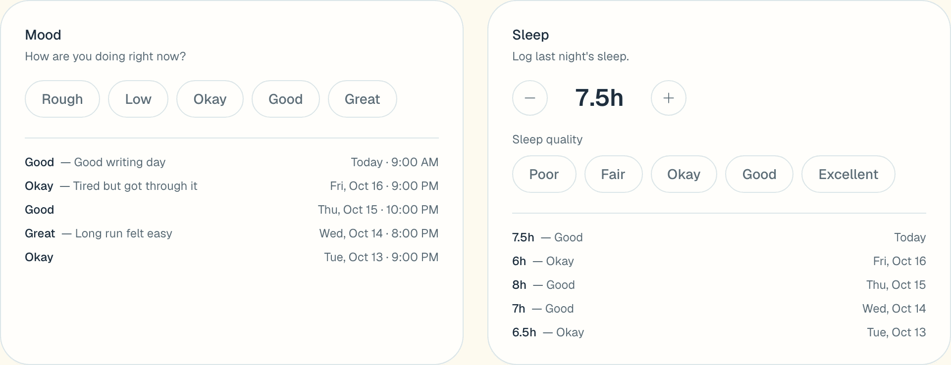 Mood and sleep check-ins for the past five days