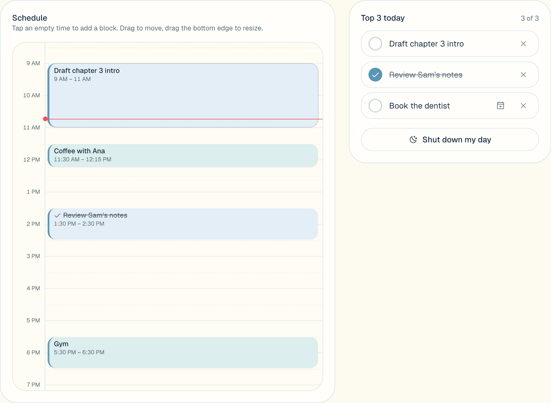 The Today page: a schedule with a two-hour writing block, coffee and the gym, beside a top 3 list with one task already done